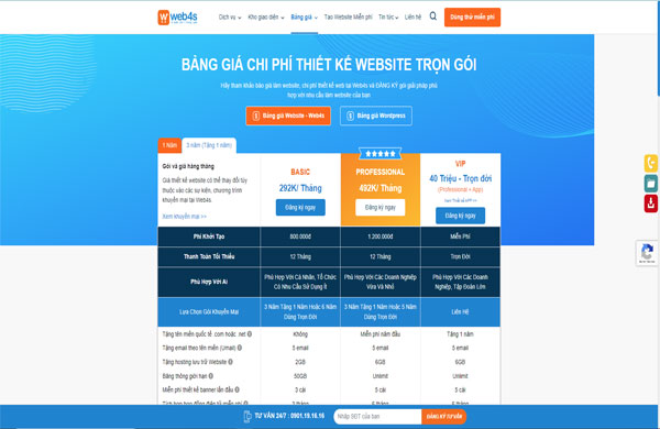 bảng giá dịch vụ thiết kế website trọn gói tại Web4s